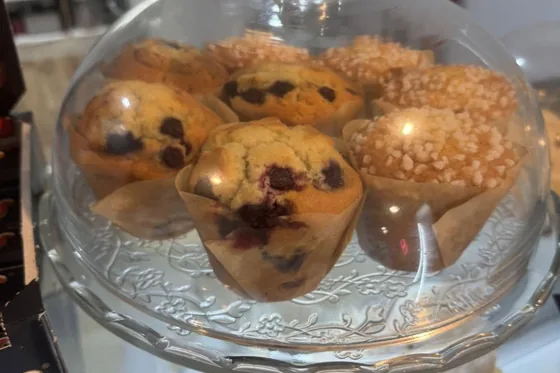 Our home-baked lemon muffins under a glass dome