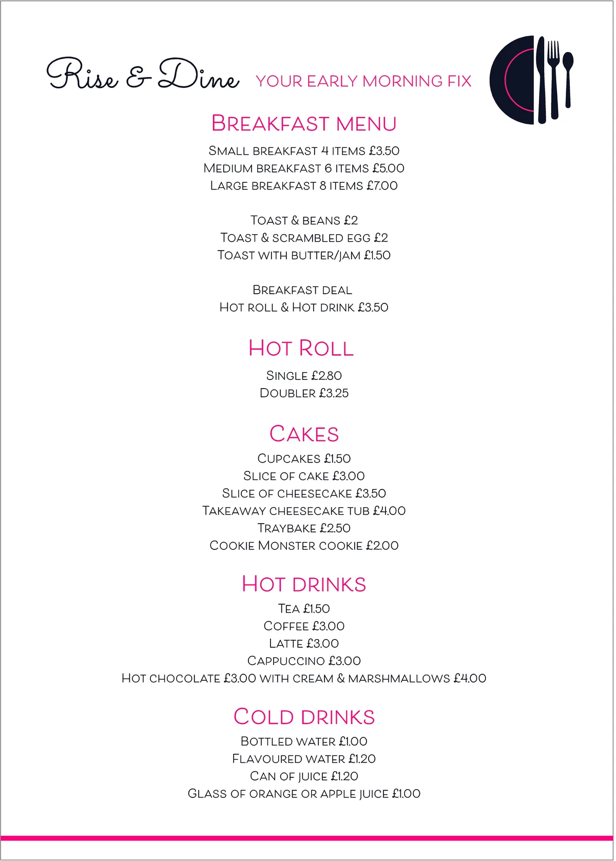 Rise and Dine menu page 1: breakfast menu, hot rolls, cakes, hot drinks and cold drinks