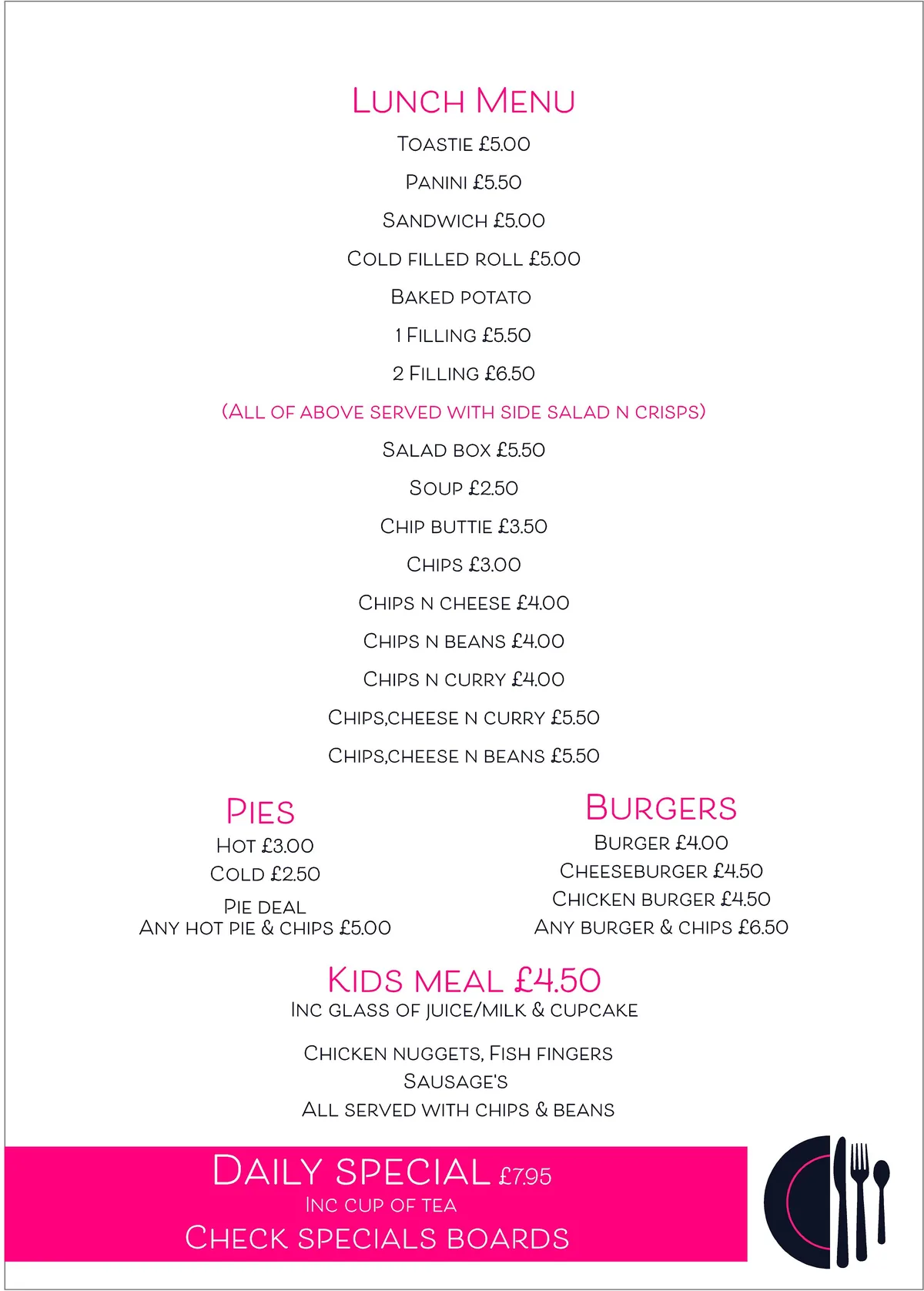 Rise and Dine menu page 2: lunch menu, pies, burgers, kids meal and daily special
